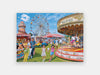 Simplified 35-piece puzzle of families at a summer town fair with a ferris wheel and a merry-go-round.