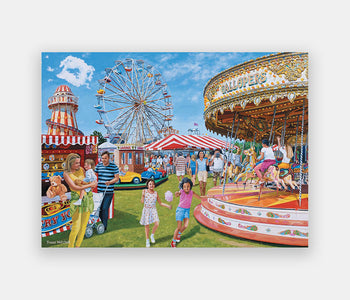 Simplified 35-piece puzzle of families at a summer town fair with a ferris wheel and a merry-go-round.