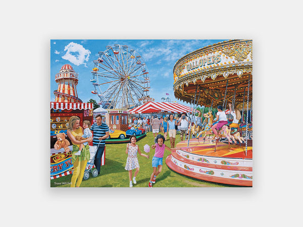 Simplified 35-piece puzzle of families at a summer town fair with a ferris wheel and a merry-go-round.