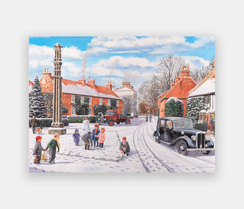 35-piece puzzle for people living with dementia depicting a snowy brick-housed town and children playing in the streets.