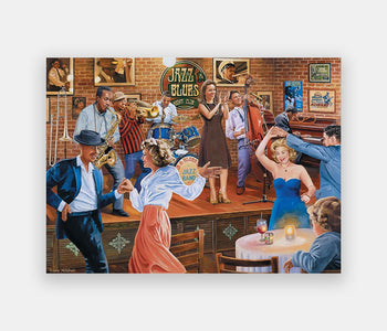 Simplified 63-piece Relish puzzle, depicting people dancing to a Jazz band.