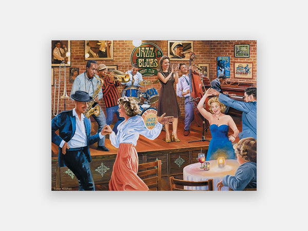 Simplified 63-piece Relish puzzle, depicting people dancing to a Jazz band.