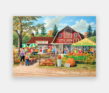 63-piece adapted puzzle for people living with dementia depicting a Farmer’s Market selling pumpkins and apples.