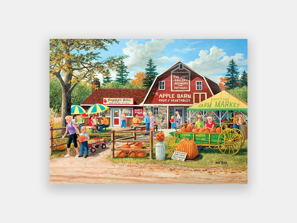 63-piece adapted puzzle for people living with dementia depicting a Farmer’s Market selling pumpkins and apples.