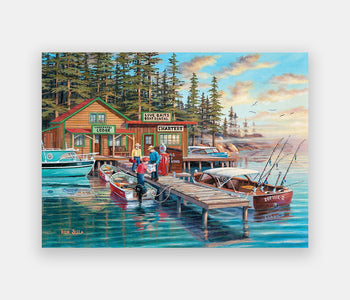 A simplified 63-piece Relish puzzle depicting the lakeside view of a lodge for fishermen and their boats.