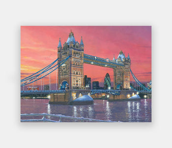 A 63-piece Relish puzzle of the London Tower Bridge at dusk with a pink and orange sky.