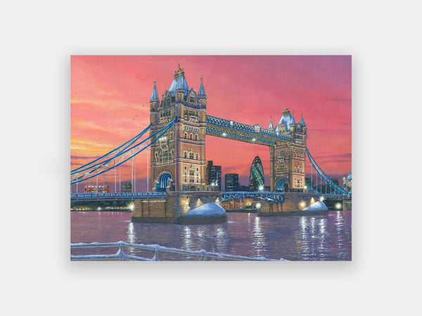 A 63-piece Relish puzzle of the London Tower Bridge at dusk with a pink and orange sky.