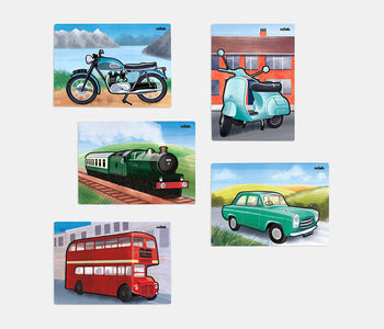 The Relish aquapaint Classic Vehicles set of 5, including a vespa, a train, a motorbike, a double decker bus, and a car.