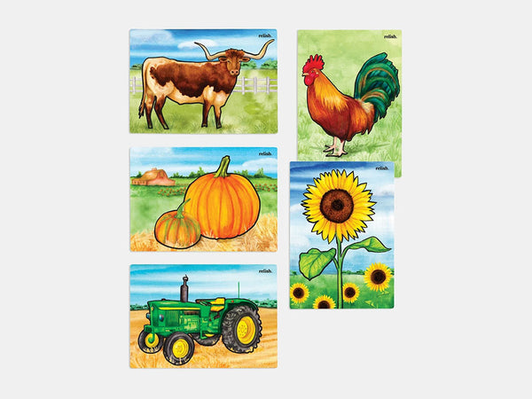 The Relish aquapaint Farm Memories Set of 5, including a tractor, pumpkings, sunflowers, a rooster and a bull.