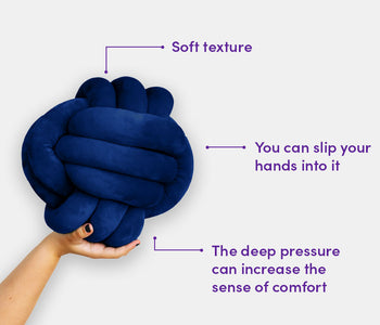Blue Calming Cuddle ball, including a description of its features like its soft texture.