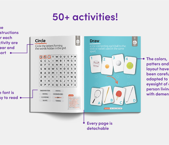 The opened Spark Your Mind activity book showing some of its activities and its features like the easy-to-read font.