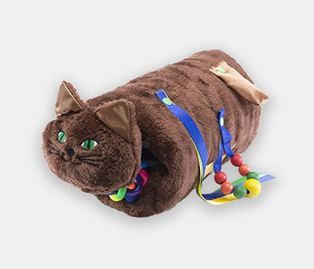 The brown cat Twiddle sensory sleeve for people living with dementia with fidgety hands with detachable ribbons.