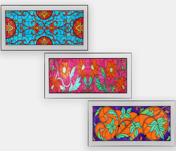 Accessible art dry-erase colored transoms for windows with floral, and organic patterns.