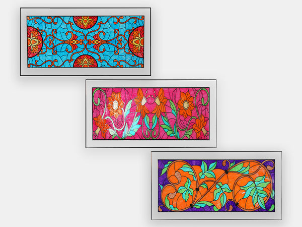 Accessible art dry-erase colored transoms for windows with floral, and organic patterns.