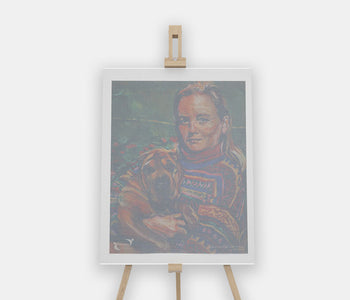 An accessible art water reveal canvas depicting a woman holding her dog.