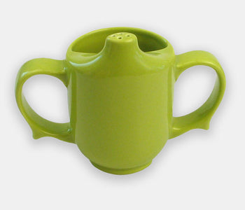 Front view of the green two-handle dignity cup that maintains independance by helping to prevent spills.