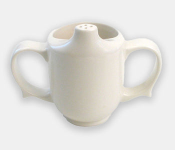 Front view of the white two-handle dignity cup that helps prevent spills with the half-opening and pierced spout.
