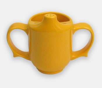 Front view of the yellow two-handle dignity cup that helps prevent spills and maintaind independance.