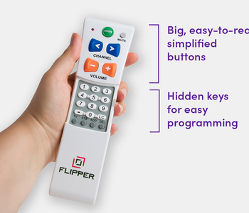 Flipper simplified TV remote including features like the hidden keys for easy programming and the easy-to-read buttons.