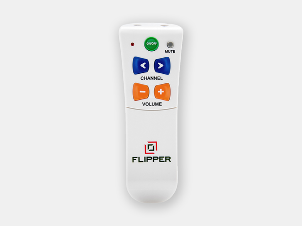 Simplified Flipper TV Remote with easy-to-use tactile buttons and contrasting colors, designed for older adults.