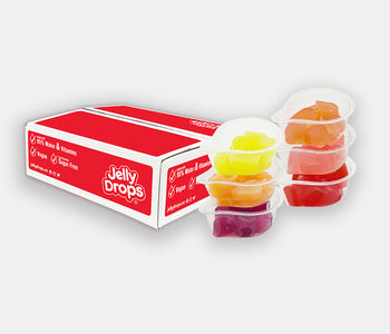 Jelly Drops Box of 6 flavors showing the red packing box and a view of the different snack pots included inside.