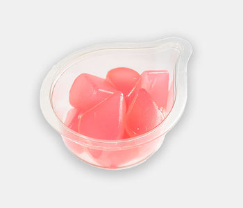 A raspberry flavored pink Jelly Drop snack pot.