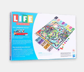 Back of the box of The Game of Life Generations by Ageless Innovations designed inclusively for all generations.
