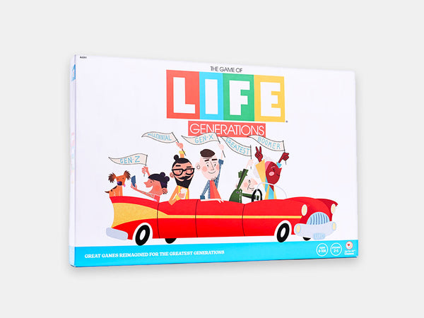 The Game of Life Generation Box depicting a car with passengers holding a flag to represent every generation.