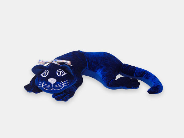 Manimo dark blue sensory weighted plush cat that helps promote relaxation.