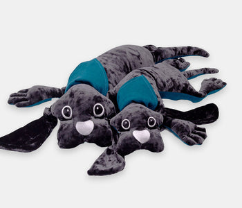 Two Manimo grey plush dogs: comforting with their weight for people living with dementia.
