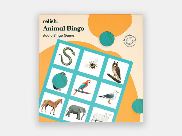 The top cover of the Animal Audio Bingo for individuals living with dementia, depicting a bingo card with animals.