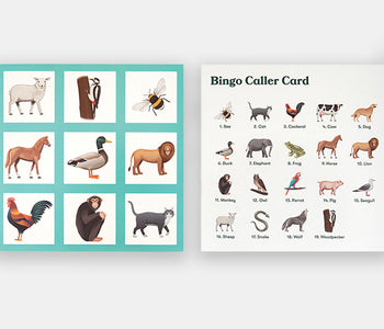 An example of the animal bingo calling card as well as a player’s card.