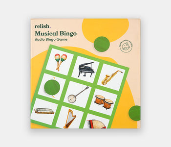 The top cover of the Relish Musical Bingo for individuals living with dementia, depicting a bingo card with instruments.