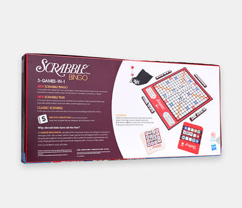 The back of the Scrabble Bingo box showing the different components and versions of the game included.