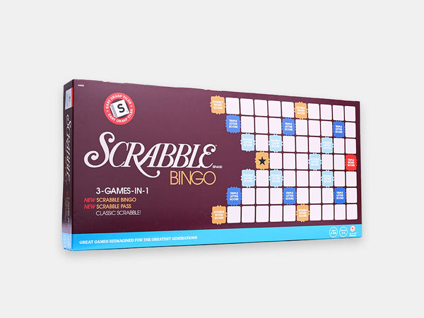 The adapted Scrabble Bingo box including 3 games in 1 and easy-grasp tiles.