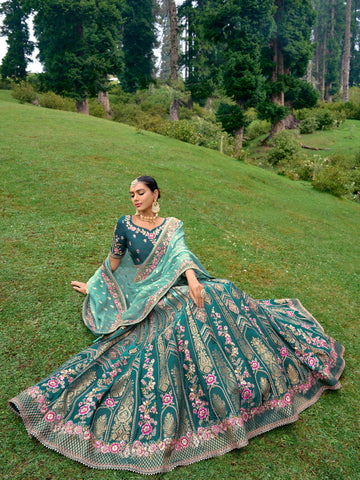 Teal Green Silk Heavy Embroidered Lehenga