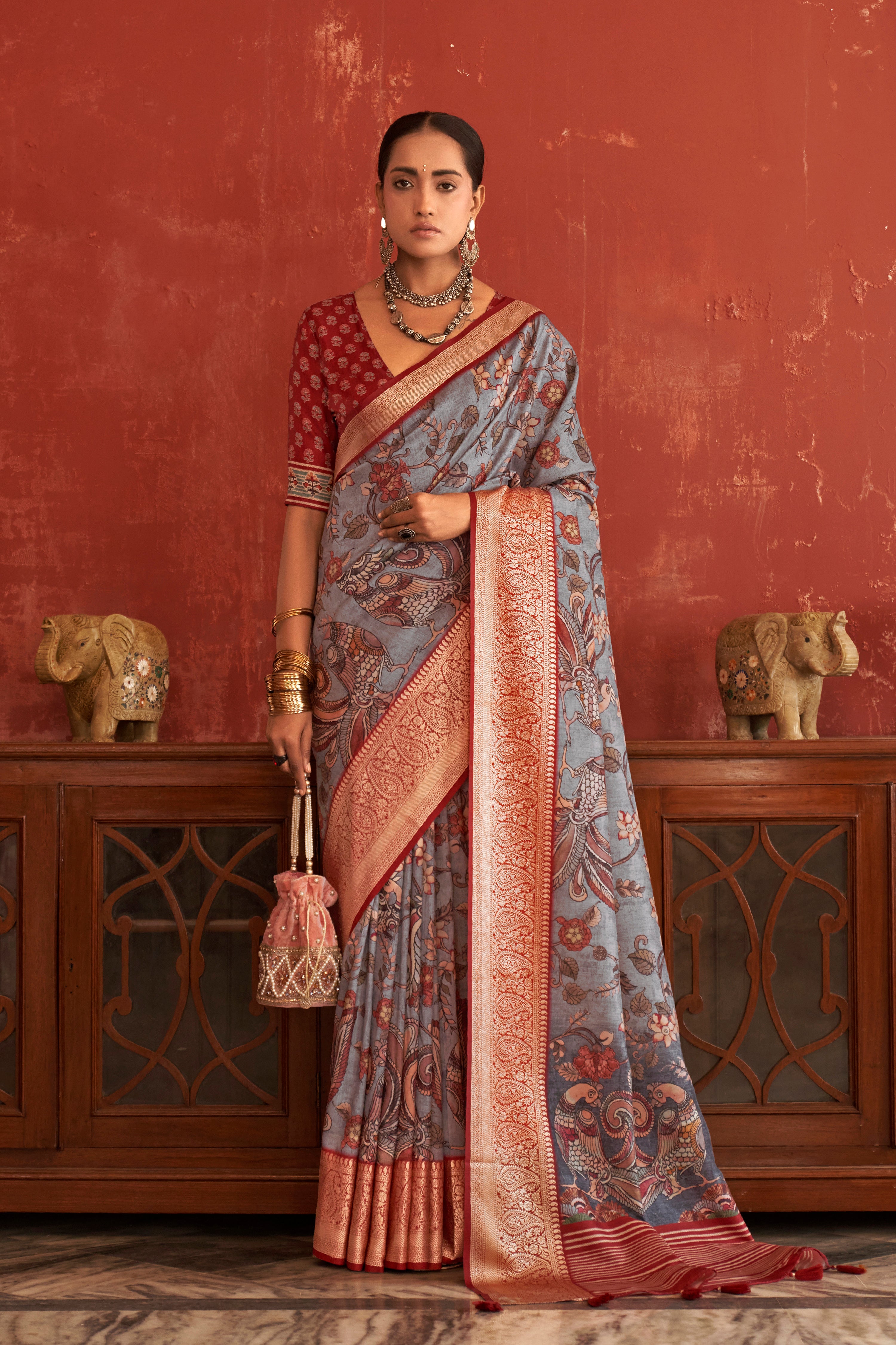 Pink Kalamkari Printed Tussar Silk Saree - Shrees Boutique