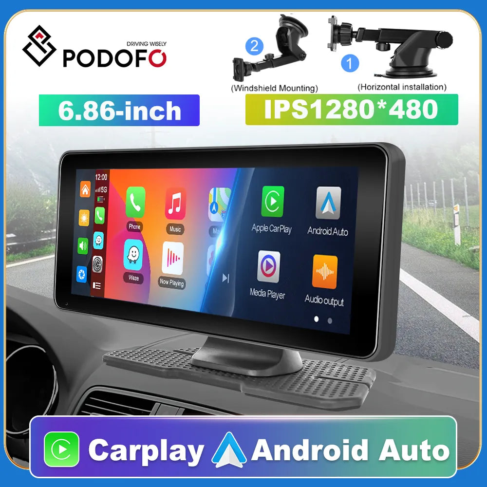 Podofo 6.86" Car Mirror Recording Carplay Android Auto Wireless Connection GPS Navigation HD Screen Dashboard DVR AI Voice