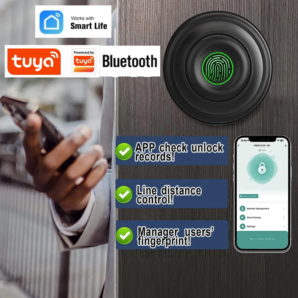 Tuya Smart Home Fingerprint Lock Bluetooth Smart Door Lock Biometric Fingerprint Unlock Keyless APP Control Security Protection