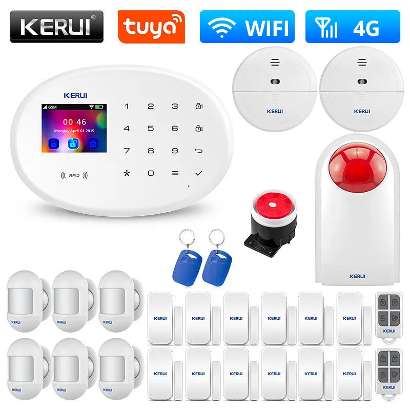 KERUI Tuya WiFi GSM Home Security Protection W204 4G Smart Alarm System Burglar Kit Mobile APP Remote Control Arm and Disarm