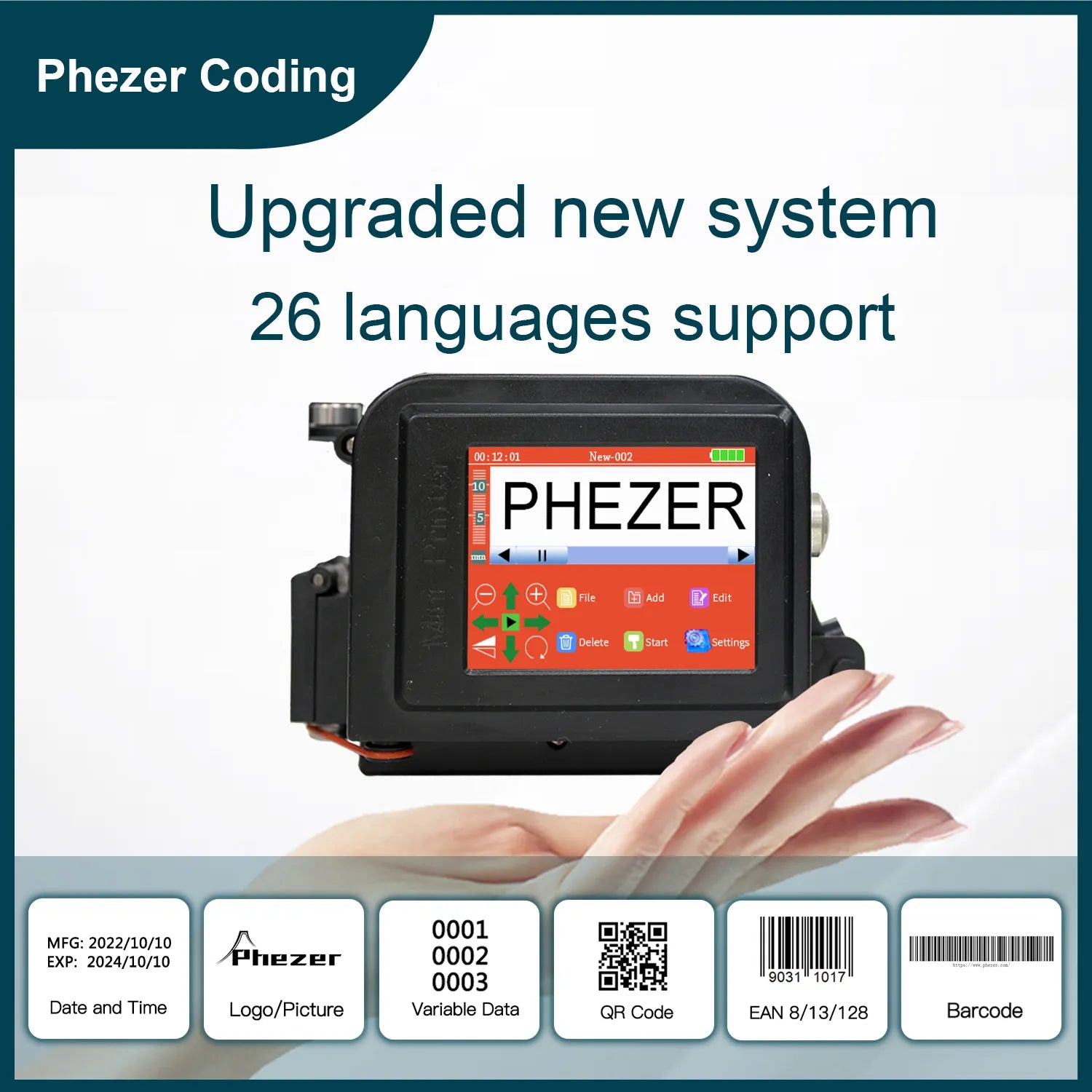 Phezer 30 Languages 12.7/25.4mm PC11Plus Mini Portable Printer QR Bar Code Date Logo Expiry Date Handheld Inkjet Printer Label