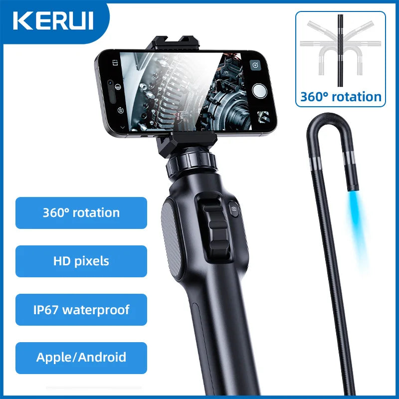 KERUI 8mm 2MP Industrial Endoscope Camera 360 Degree Rotation Cars Inspection Camera with 8 LED Lights Borescope for Android/IOS