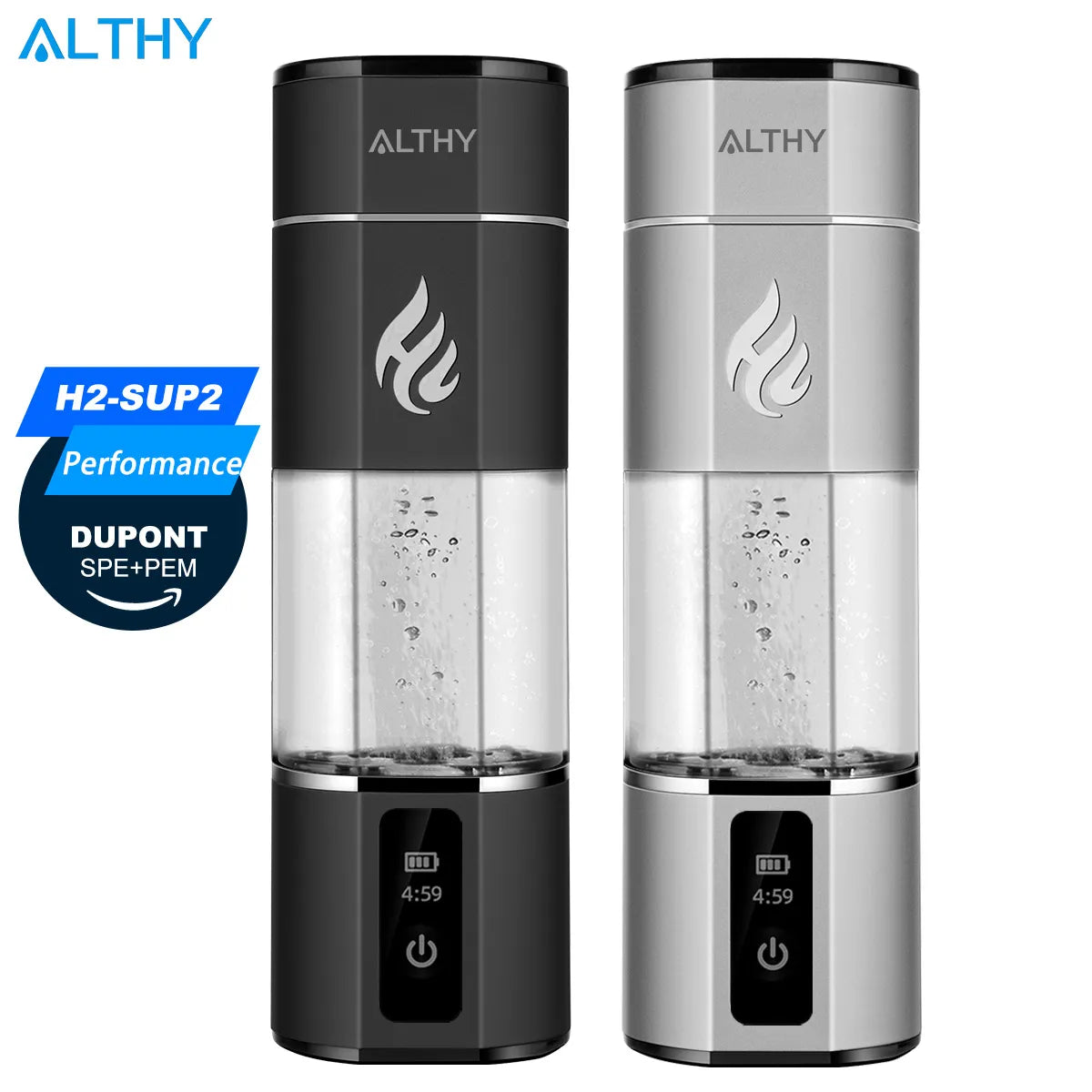 ALTHY Molecular Hydrogen Water Generator Bottle DuPont SPE&PEM Dual Chamber lonizer + Battery&Time Display + H2 Inhalation