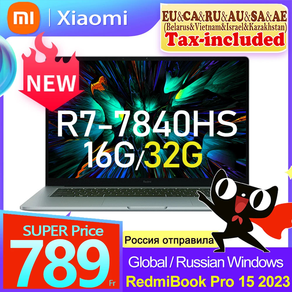 2023 New Xiaomi RedmiBook Pro 15 Ryzen Edition Laptop R7-7840HS AMD Radeon780M 16G/32G RAM 512G/1T 3.2K 120Hz 15.6'' Mi Notebook