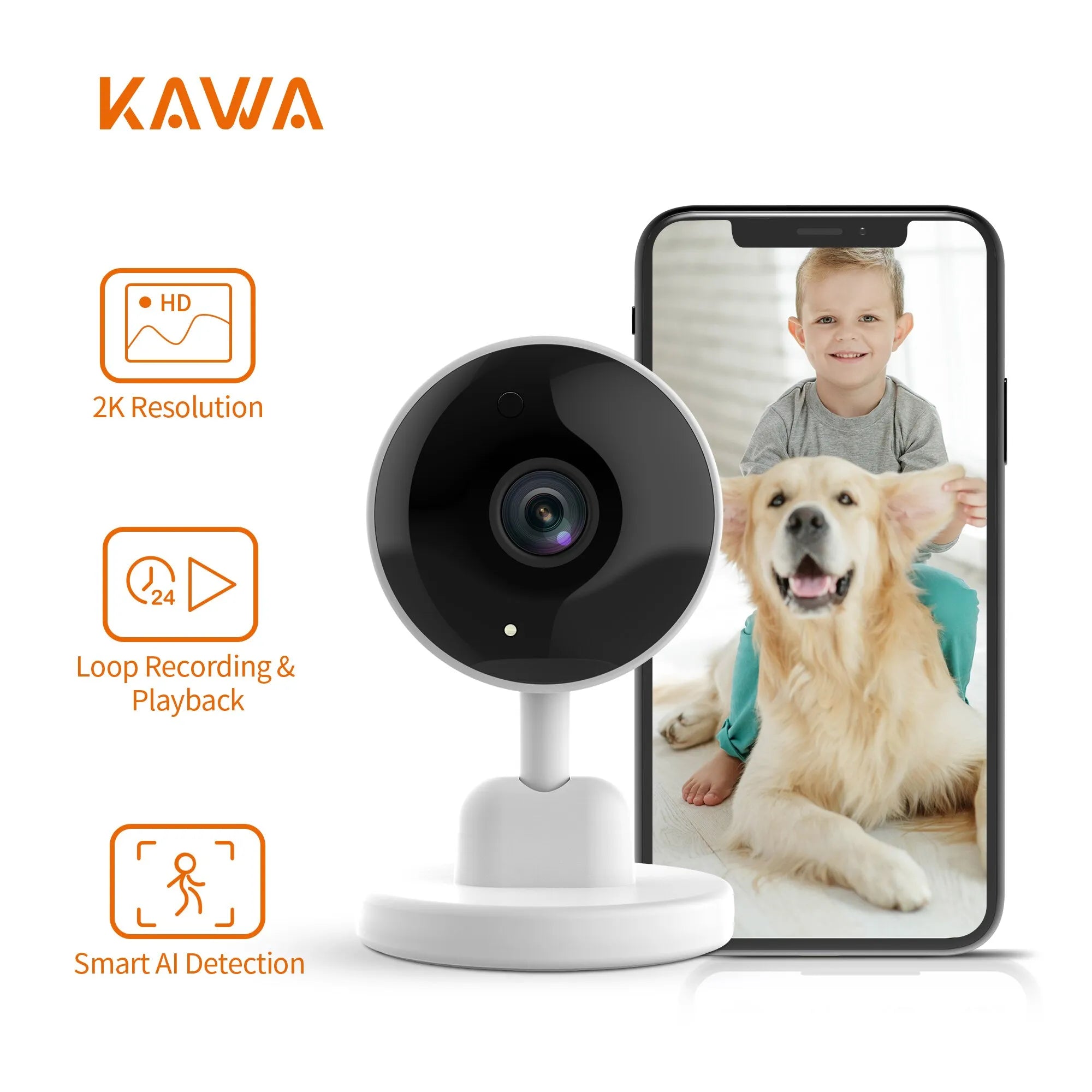 KAWA IP Camera 2K Indoor WiFi Security Camera Baby/Pet Monitor Wireless Surveillance Smart Home Night Vision AI Detect Action