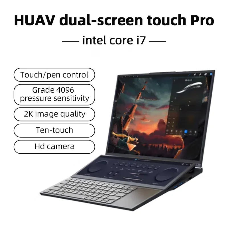 HUAV Dual Screen Gaming Laptops 16 Inch LCD Screen + 14 Inch Touch Screen Intel Core I7-10750H Notebook Computer