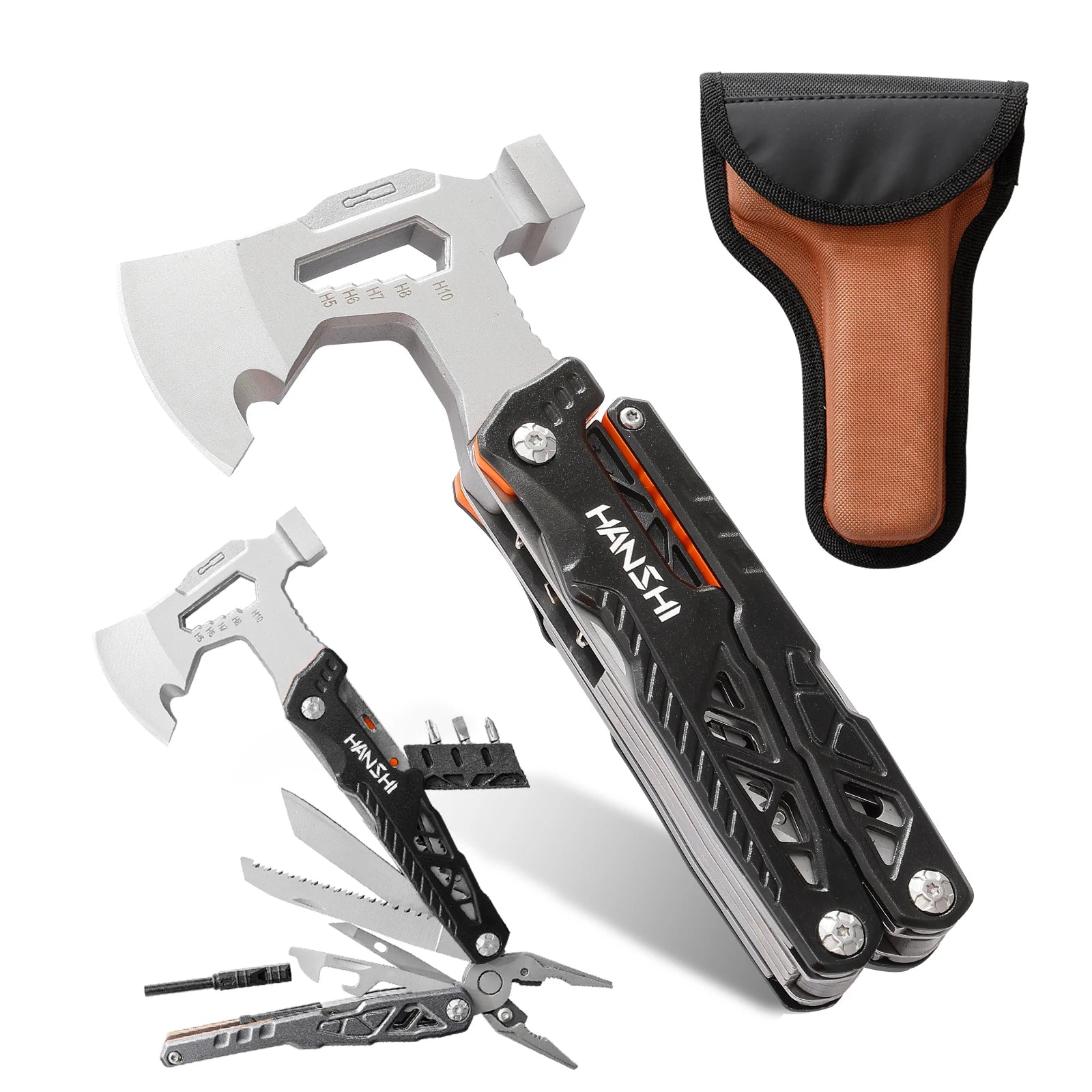 HANSHI 17 in 1 Pocket Multitool Axe with Sheath YG10 Replaceable Wire Cutter Multi Function Tool with Plier Hatchet Hammer Knife