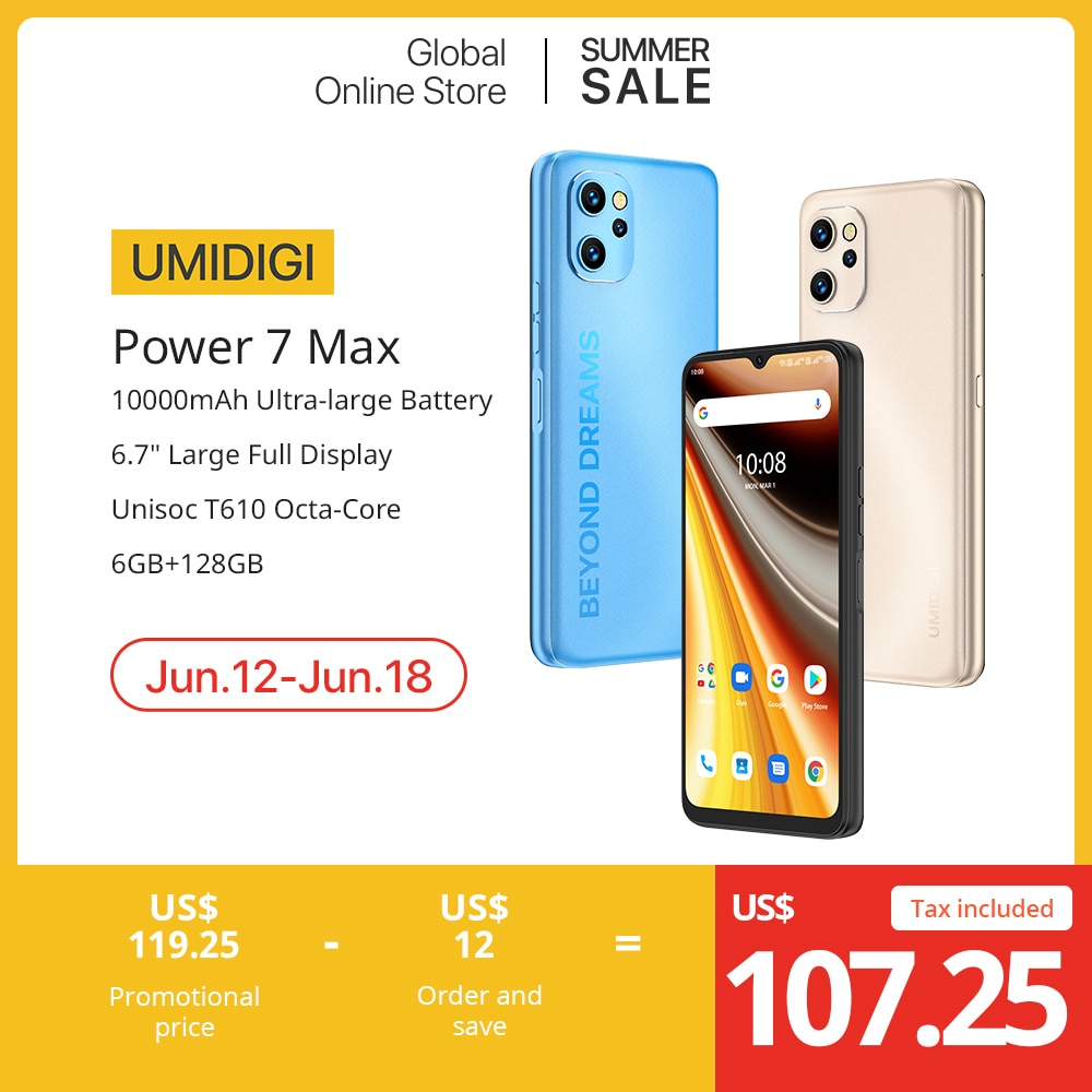 UMIDIGI Power 7 Max Android Smartphone 10000mAh Battery Unisoc T610 6GB 128GB 6.7" Display 48MP Camera NFC Cellphone Unlocked