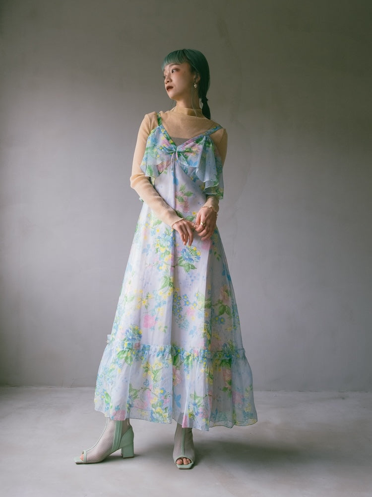 70s Organdy Flower Tiered Dress