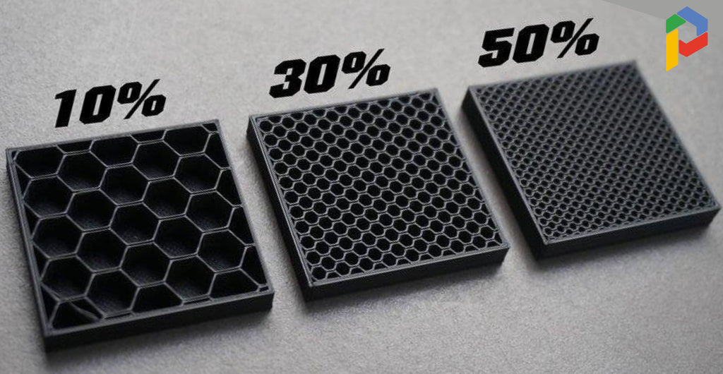 Cross-section visuals of 3D prints illustrating varying infill percentages.